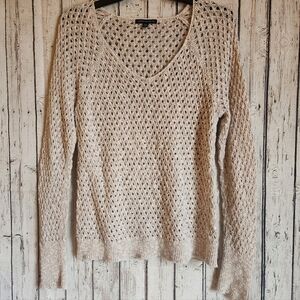 American Eagle Open Knit V-Neck Sweater Tan Beige Boho Crochet Pullover Size M